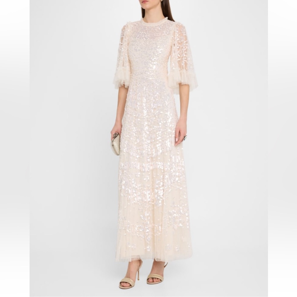 Needle & Thread Anais Sequin Flutter-Sleeve Gown (color: WHITE)